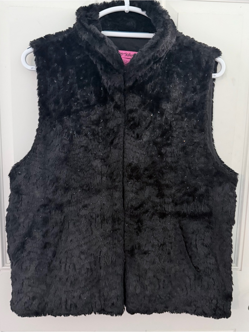 Betsey Johnson Faux Fur Vest L | Black Sequins